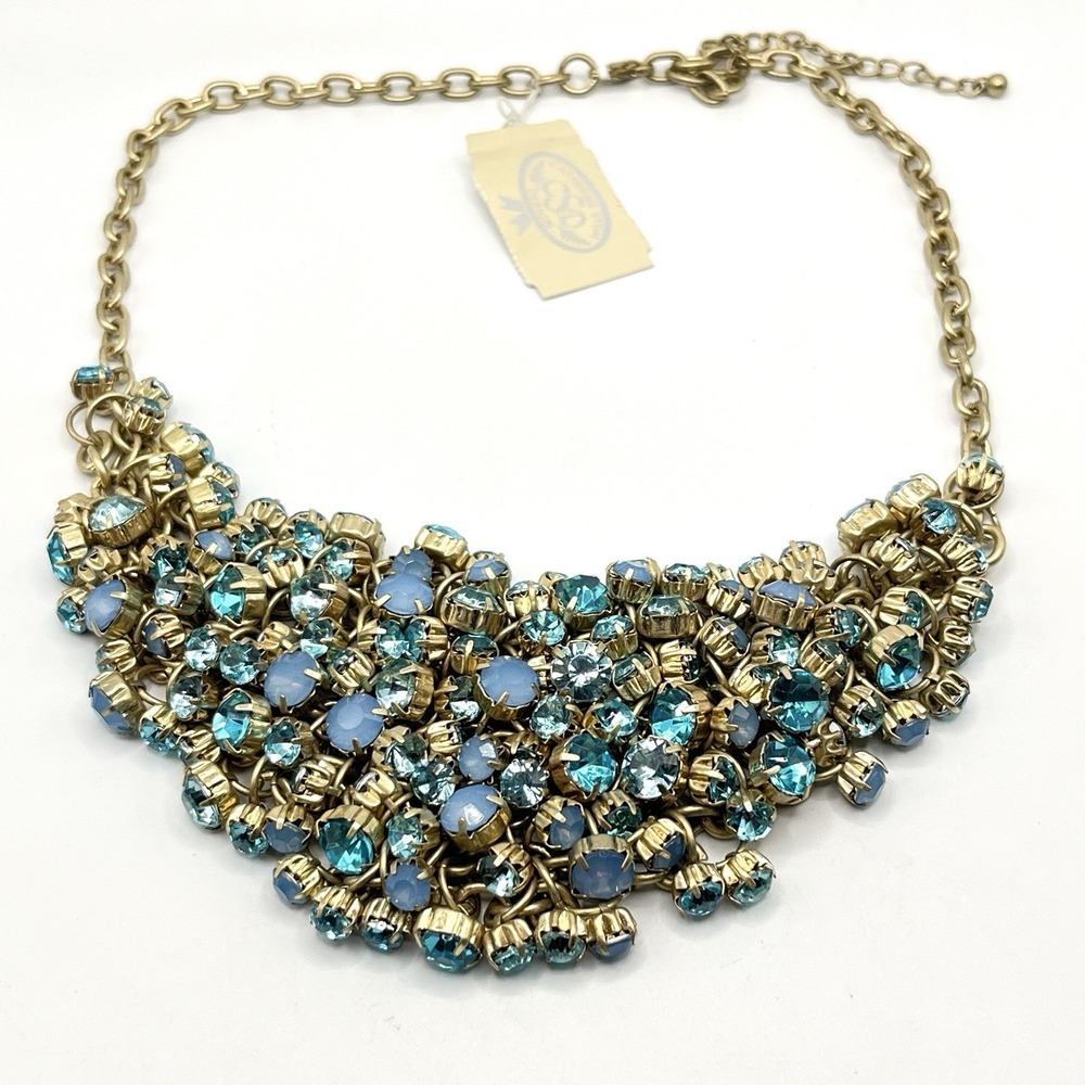 Catherine Stein Vintage Aqua Blue Rhinestone Gold Tone Bib Cluster‎ Necklace NWT